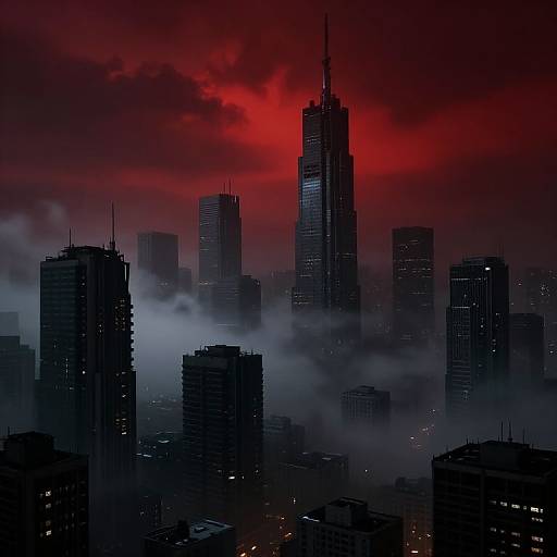 Photograph of a dark city skyline at night with tall skyscrapers silhouetted against a vivid red, cloud-filled sky, with mist swirling