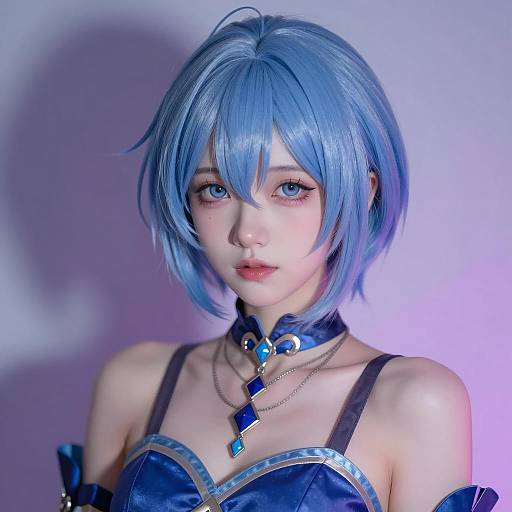 Anime-style Girl with Blue Hair and Satin Costume