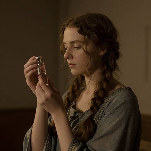 A young woman with curly brown hair in a braid, wearing a gray, textured dress, examines a small glass vial in a dimly lit