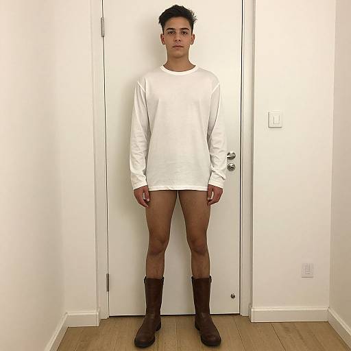 Photograph of a young man with short black hair, wearing a white long-sleeve shirt, brown boots, and no pants, standing in a