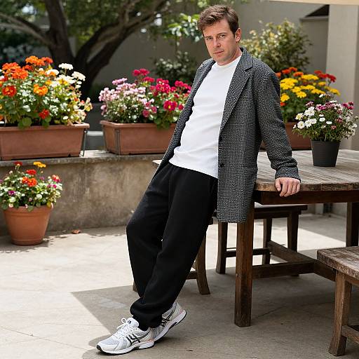 Photograph of a casually dressed man in a black and white houndstooth coat, white shirt, black pants, and white sneakers, leaning against