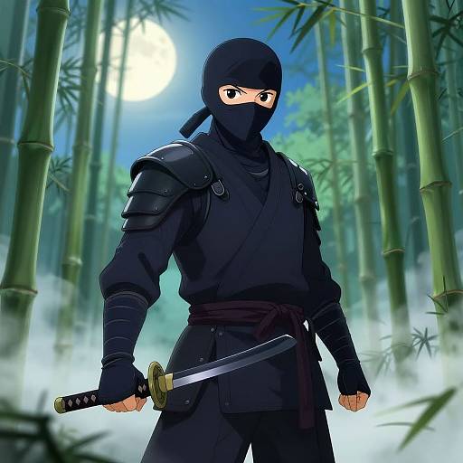 Anime-style digital illustration of a ninja with a black mask, armor, and katana, standing in a misty bamboo forest under a full moon.