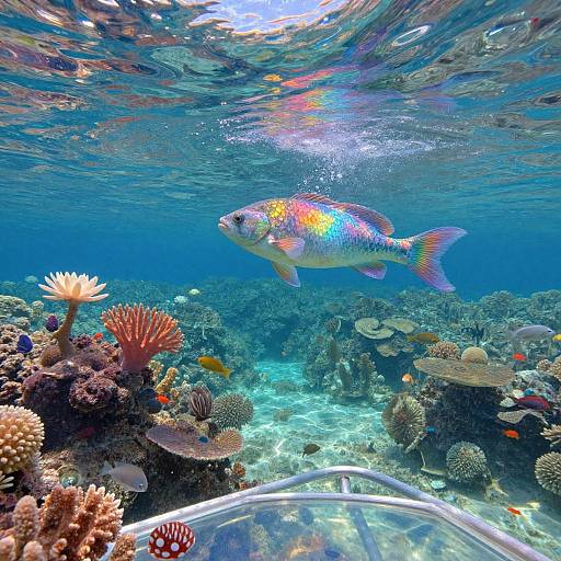 Vibrant underwater photograph of a multicolored fish swimming above a sunlit coral reef with diverse marine life and colorful corals.