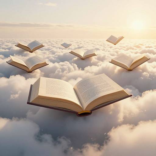Photograph of five open books floating among fluffy, golden-lit clouds at sunrise, creating a dreamy, ethereal skyscape.