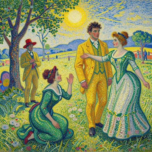Vibrant pointillist painting of a sunny meadow with a curly-haired man in a yellow suit, two women in green and white dresses,