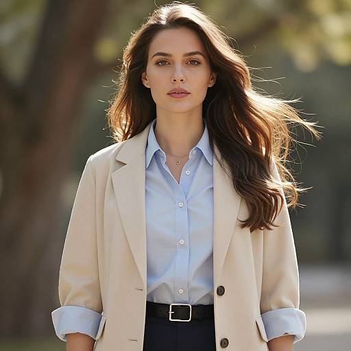 Photograph of a young woman with long brown hair, wearing a beige blazer over a light blue shirt, black pants, and a belt, standing