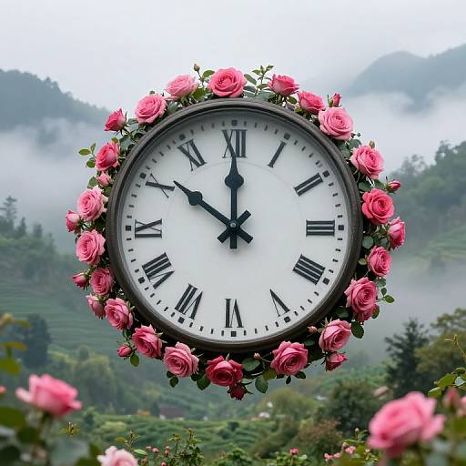 Photograph of a round clock with pink roses surrounding it, set against a misty, green mountainous background. Black Roman numerals, black hands