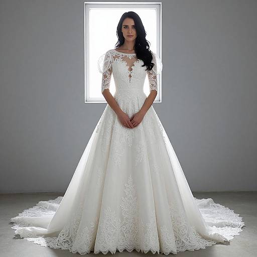 Photograph of a dark-haired woman in a white, lace-embellished, long-sleeve wedding gown with a full skirt, standing in