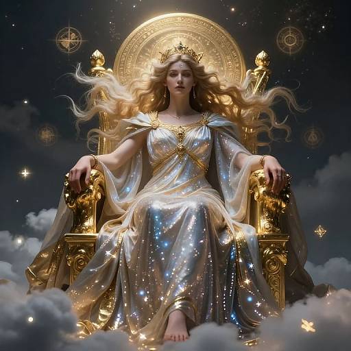 Digital artwork of a radiant, long-haired queen in a shimmering silver gown, seated on a golden throne amid clouds, with celestial symbols in the star