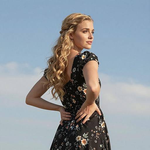 Young Woman in Floral Dress Under Blue Sky