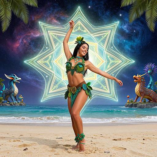 Digital artwork of a tan-skinned woman in green leaf bikini dancing on beach, surrounded by glowing star, dragons, and palm trees.