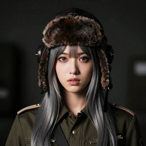 Digital portrait of an Asian woman with long silver hair, wearing a fur hat, headphones, and a dark military-style jacket, in a dark, blurred