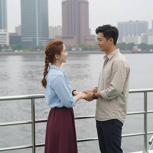 Romantic Boat Scene with City Skyline