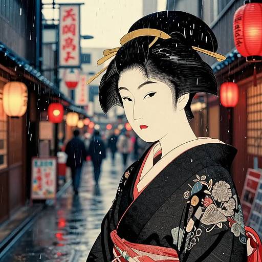 Digital illustration of a Japanese geisha in a black kimono with floral embroidery, standing in a rainy, illuminated alleyway. Red lanterns and signs