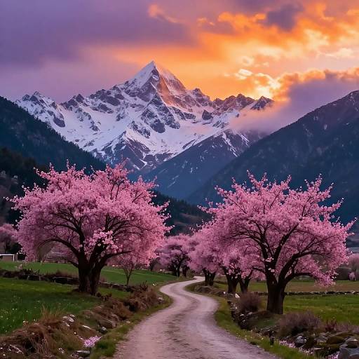 Photograph of a winding dirt path leading to pink cherry blossom trees in front of snow-capped mountains under a vibrant orange and purple sunset sky.