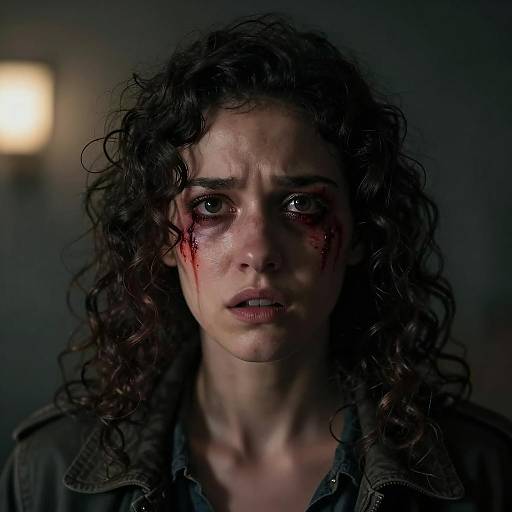 Woman with Bloodied Eyes and Intense Expression