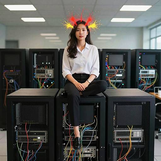 Photograph of an Asian woman with long black hair, wearing a white blouse and black pants, sitting on black server racks, wearing a red and yellow
