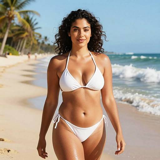 Photograph of a confident, curvy woman with curly dark hair in a white bikini walking on a sunny, tropical beach with palm trees and waves in