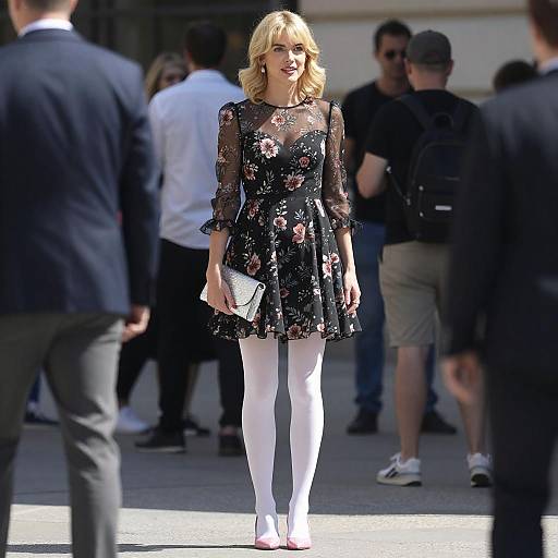 Blonde Woman in Black Floral Dress