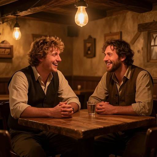 Photograph of two smiling men with curly hair and beards, wearing vests over white shirts, sitting at a wooden table in a warmly lit, rustic