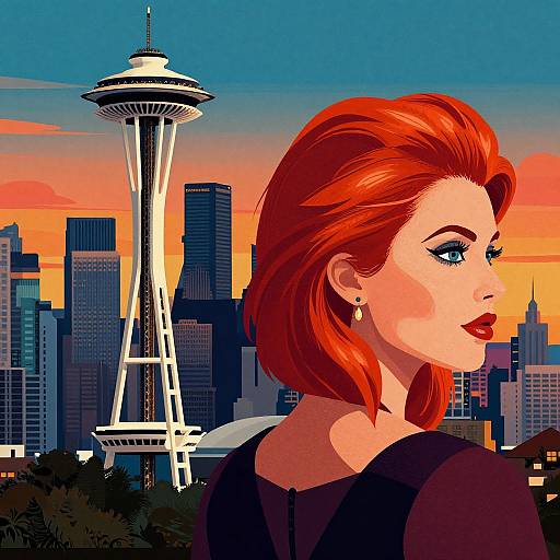 Digital illustration of a red-haired woman with bold makeup, earrings, and black top, gazing at Seattle's skyline with the Space Needle at sunset.