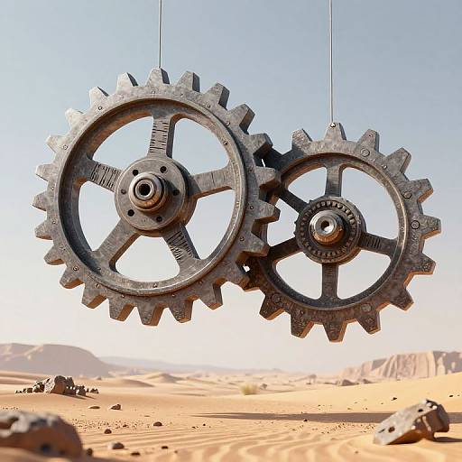 Photorealistic CGI of two large, hanging, metallic gears with detailed textures, suspended in a bright, arid desert landscape.