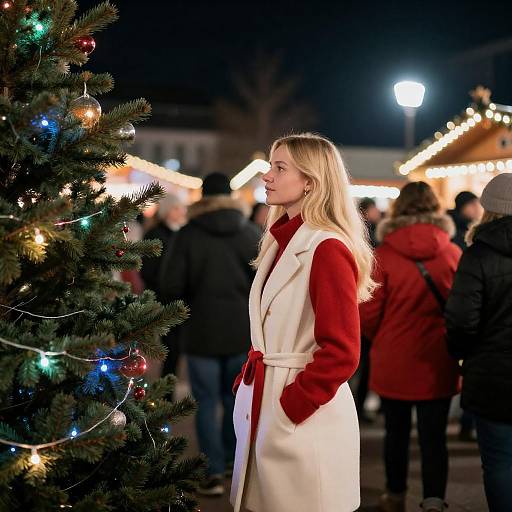 Blonde Woman at Nighttime Christmas Market