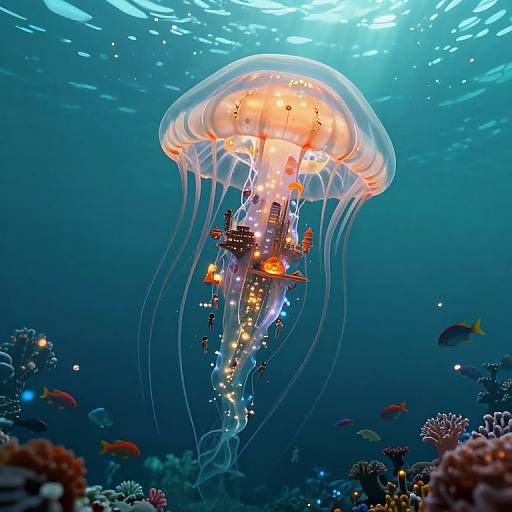 Photograph of a glowing, orange-and-white jellyfish with a small, illuminated ship inside, surrounded by colorful coral reefs and small fish in a deep