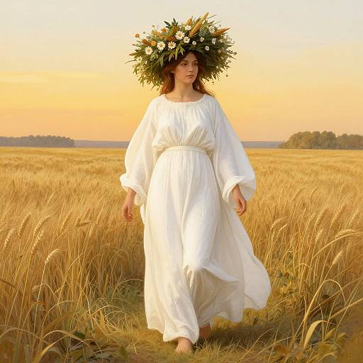Woman in Flowing White Dress with Floral Wreath in Wheat Field