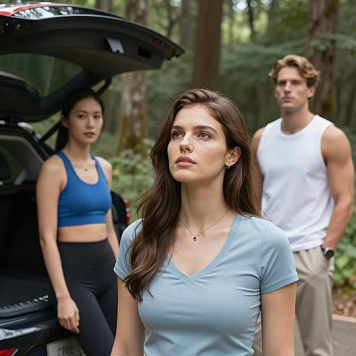 Three People Standing in Forest Near Car