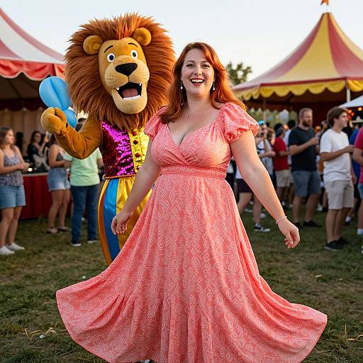 Photograph of a smiling, red-haired woman in a pink, patterned dress holding hands with a man in a lion costume, at a colorful outdoor