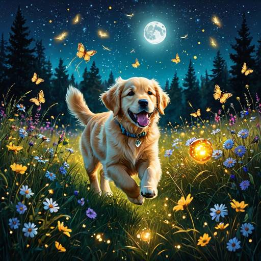 Golden Retriever Puppy in Moonlit Meadow Golden Retriever Puppy in Moonlit Meadow