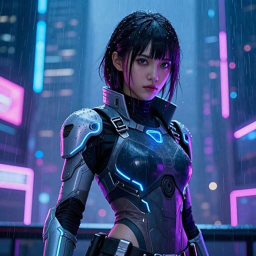 Digital artwork of a rain-soaked Asian woman in futuristic, glowing black armor with blue accents, standing in a neon-lit cityscape.