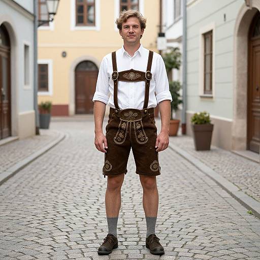Photograph of a man with curly brown hair, wearing a white shirt, brown Bavarian-style shorts with suspenders, gray socks, and black shoes