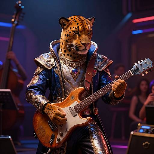 Photograph of a leopard-headed musician in shiny, ornate armor playing a brown electric guitar on stage, surrounded by blurred band members and colorful stage lights