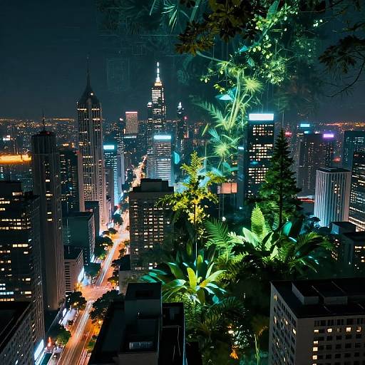 Nighttime cityscape photograph featuring a vibrant, neon-lit skyline with illuminated skyscrapers and lush, glowing green foliage in the foreground.