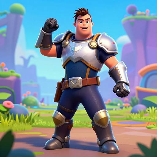 CGI cartoon of a muscular, smiling man in silver armor and blue bodysuit, flexing his right arm in a colorful, fantasy landscape.