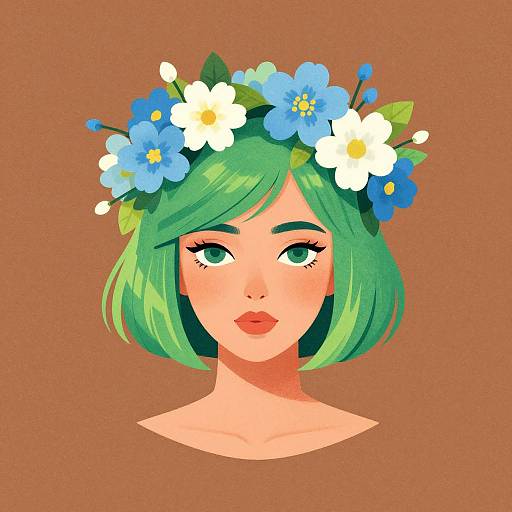 Digital illustration of a green-haired woman with a blue and white flower crown, large green eyes, and pink lips, against a brown background.