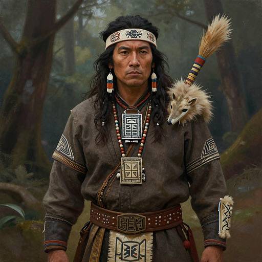 Photograph of a Native American man with long black hair, wearing traditional brown attire, headband, and bead necklace, standing in a forest holding a