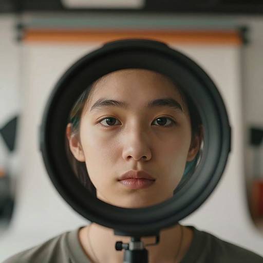 Photograph of an Asian woman with fair skin and black hair, looking directly at the camera through a circular ring light. Blurred background with white and