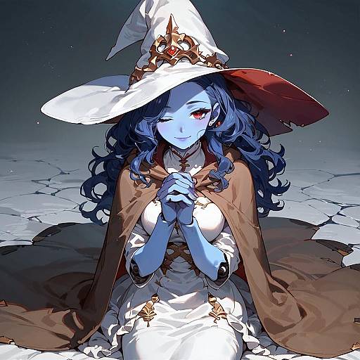 Digital anime-style drawing of a blue-skinned, winking witch with long curly dark blue hair, white dress, brown cape, and large white hat