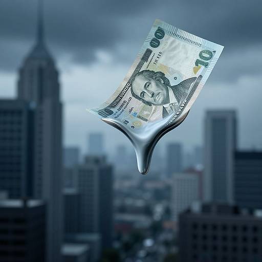 Photograph of a hovering, digitally altered $100 bill against a blurred, cloudy cityscape background with tall skyscrapers.