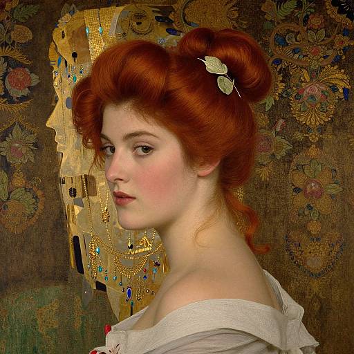 Digital painting of a pale-skinned, red-haired woman with intricate updo, gold hairpins, off-shoulder white blouse, against floral-pattern