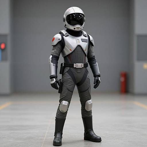 Photograph of a realistic, full-body astronaut suit with silver chest and shoulder armor, black bodysuit, and helmet, standing in a gray,
