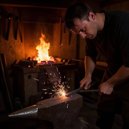 Photograph of a bearded blacksmith with dark hair, wearing a black shirt, sparking an anvil with a glowing fire in the background.