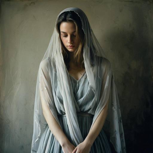 Sad Veiled Woman in Translucent Dress
