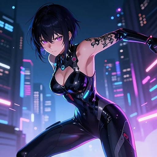Digital anime-style artwork of a fierce, black-haired woman in a glossy black latex suit, with purple eyes and a tattooed arm, in a neon