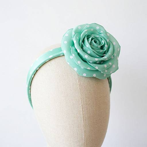 Photograph of a mint green polka dot fabric rose headband on a beige mannequin head against a plain white background.