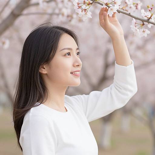 Photograph of a smiling Asian woman with long black hair, wearing a white blouse, reaching up to touch pink cherry blossoms. Background: blurred cherry