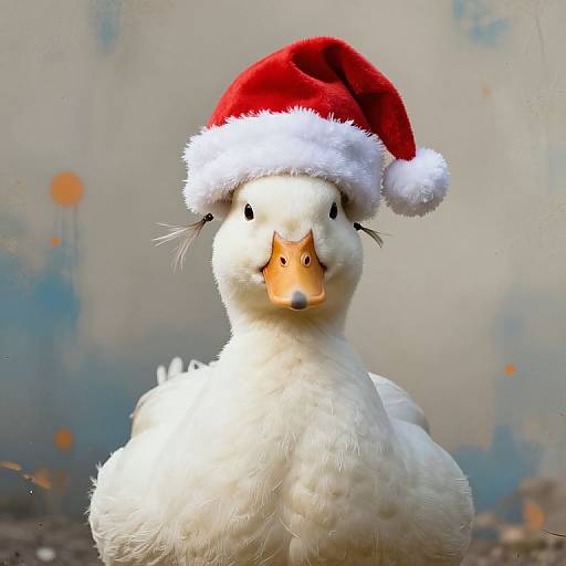Photograph of a white duck wearing a red and white Santa hat, with a curious orange beak and small black eyes, against a blurred, muted